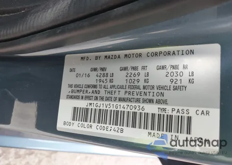 2016 Mazda Mazda6 I Touring z USA, uszkodzony, nr VIN JM1GJ1V51G1470936